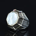 Silver Mother Of Pearl Signet Ring, Turkish Large Men Genuine Pearl Mens Ring, Silver Mother Of Pearl Ring