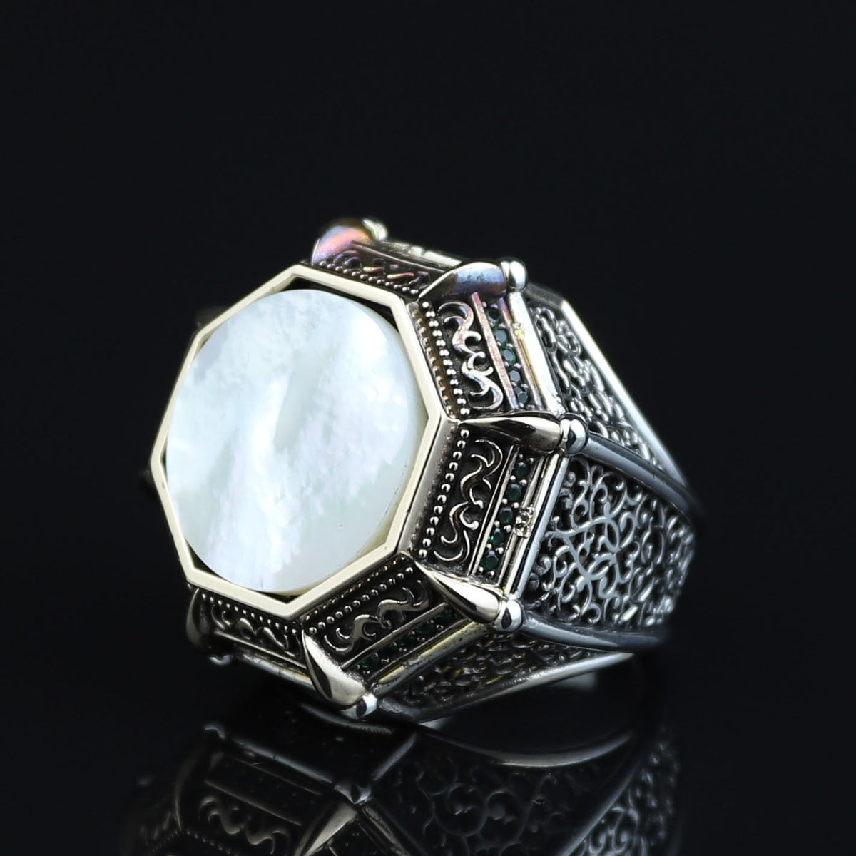 Silver Mother Of Pearl Signet Ring, Turkish Large Men Genuine Pearl Mens Ring, Silver Mother Of Pearl Ring