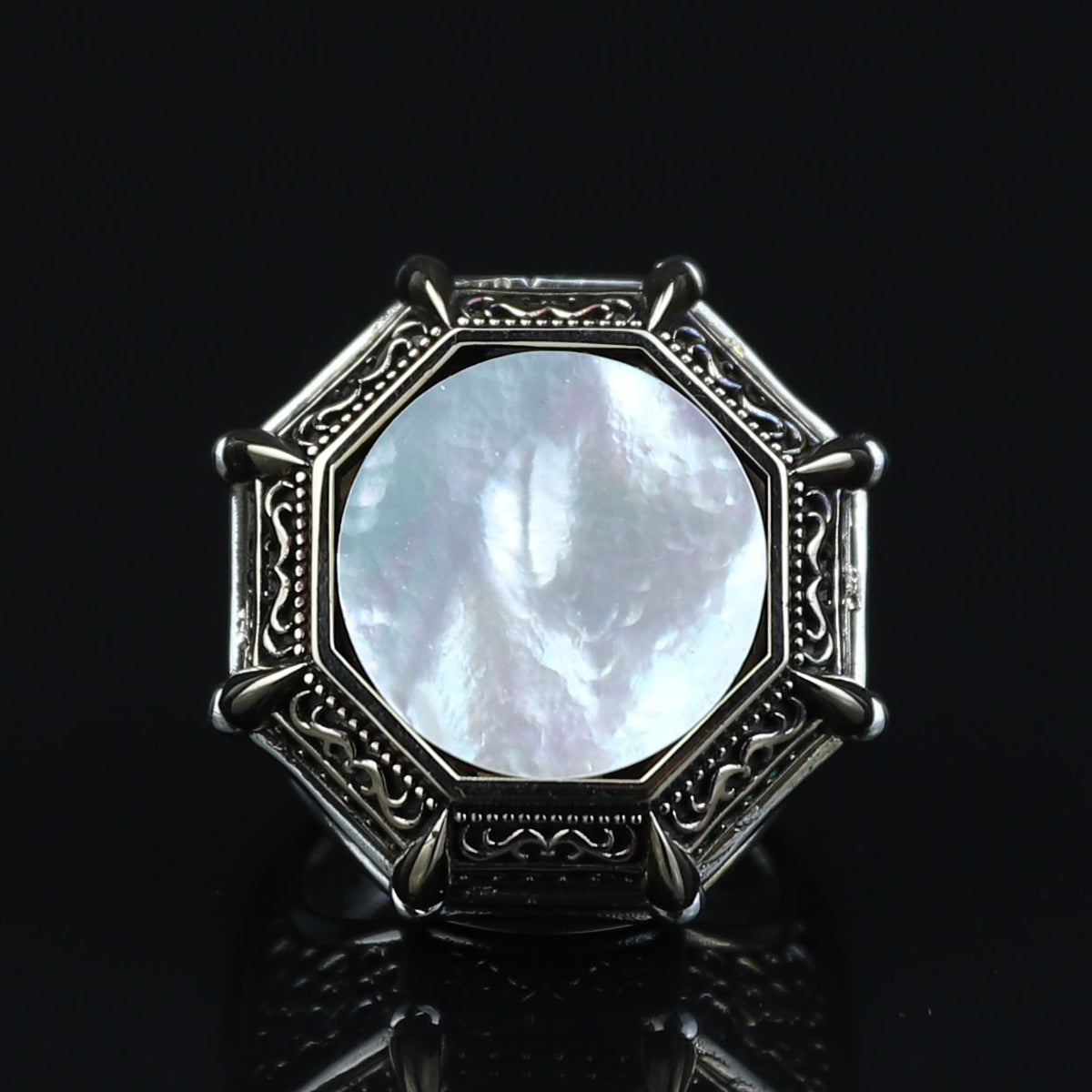 Silver Mother Of Pearl Signet Ring, Turkish Large Men Genuine Pearl Mens Ring, Silver Mother Of Pearl Ring