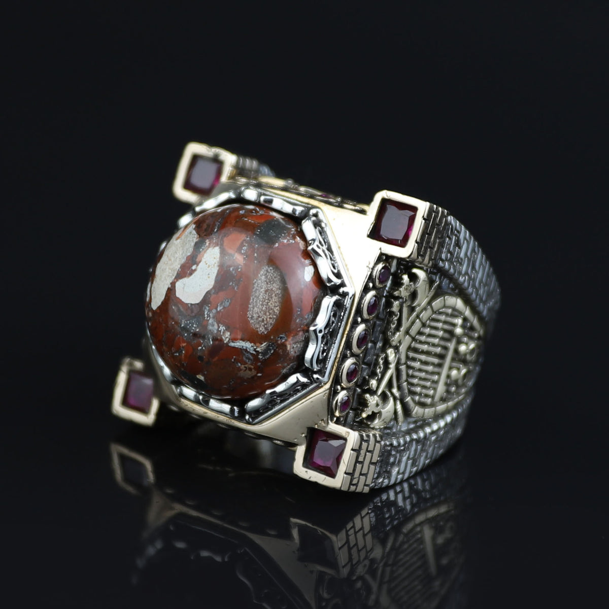 Handmade Turkish Men's Ring, Ottoman Style Axe Figured Red Agate Stone Ring, Sterling Silver Signet Ring