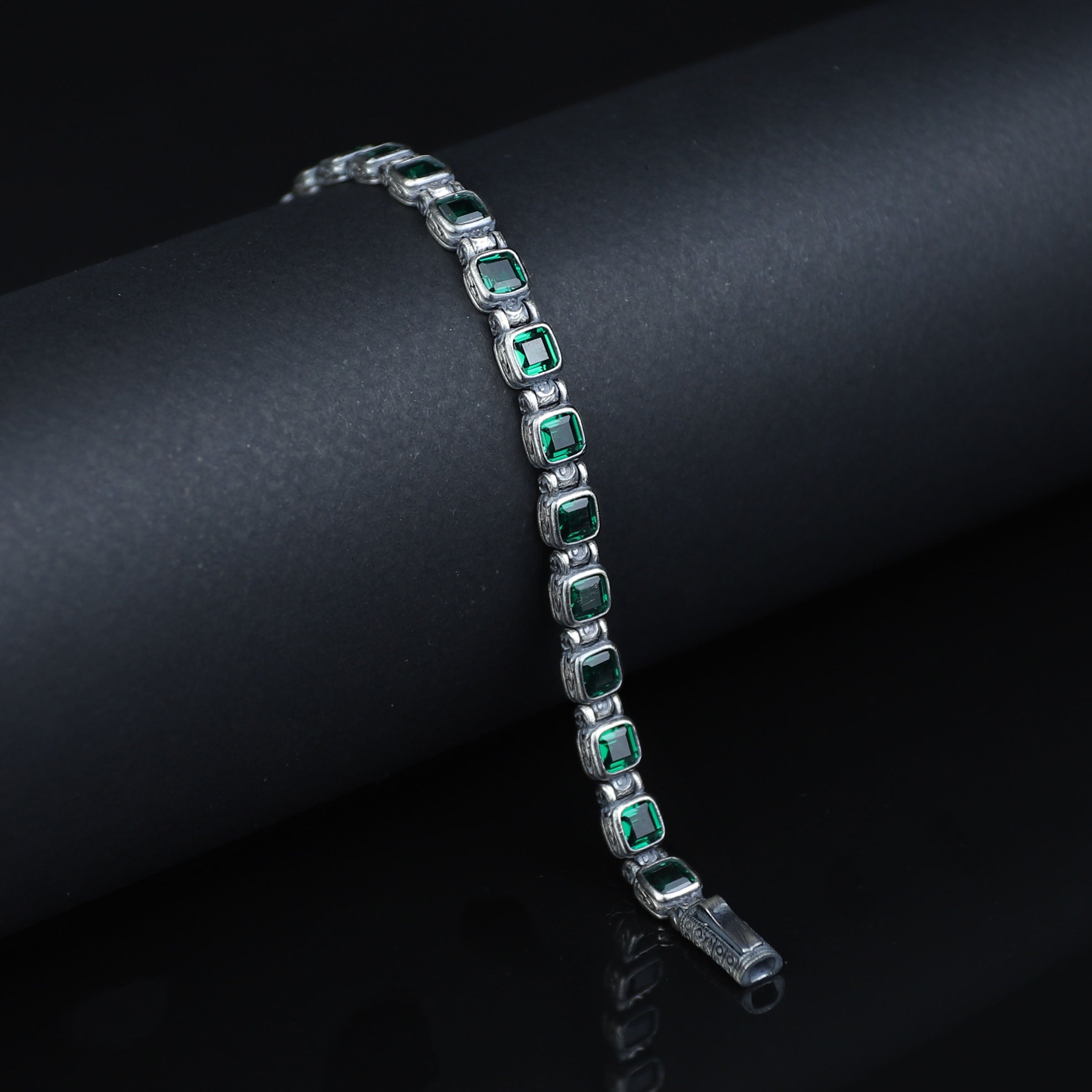 925 Silver Square Emerald Chain Bracelet, Square Cut Green Stone Tennis Bracelet, Men Emerald Diamond Tennis Bracelet, Elegant Bracelet
