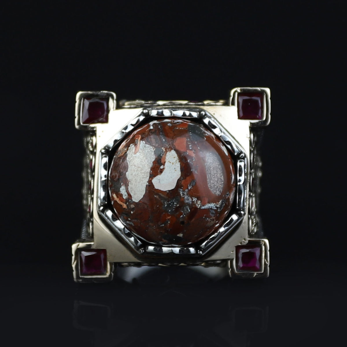 Handmade Turkish Men's Ring, Ottoman Style Axe Figured Red Agate Stone Ring, Sterling Silver Signet Ring