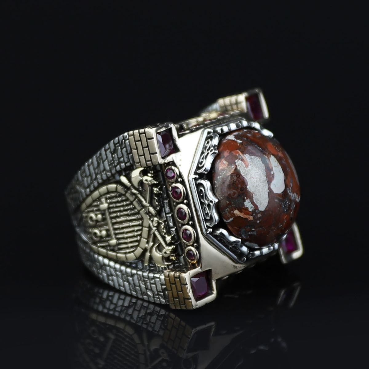 Handmade Turkish Men's Ring, Ottoman Style Axe Figured Red Agate Stone Ring, Sterling Silver Signet Ring