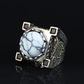 Mens Handmade White Turquoise Silver Ring, Axe Figured Ottoman Style Ruby Men Ring, Father Day Gift