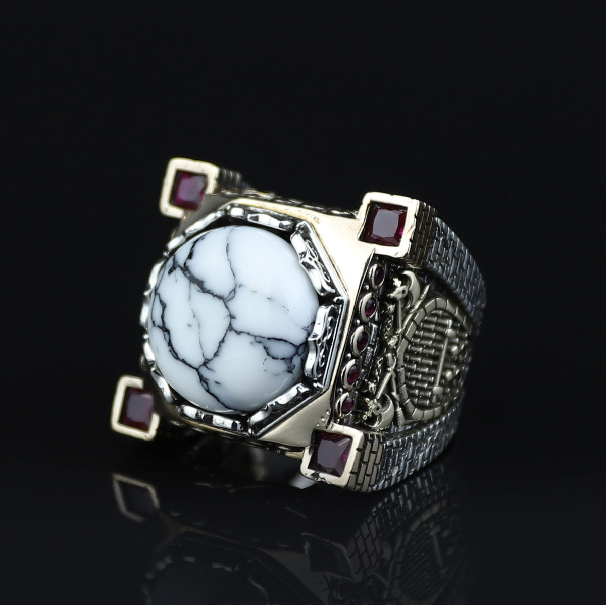 Mens Handmade White Turquoise Silver Ring, Axe Figured Ottoman Style Ruby Men Ring, Father Day Gift