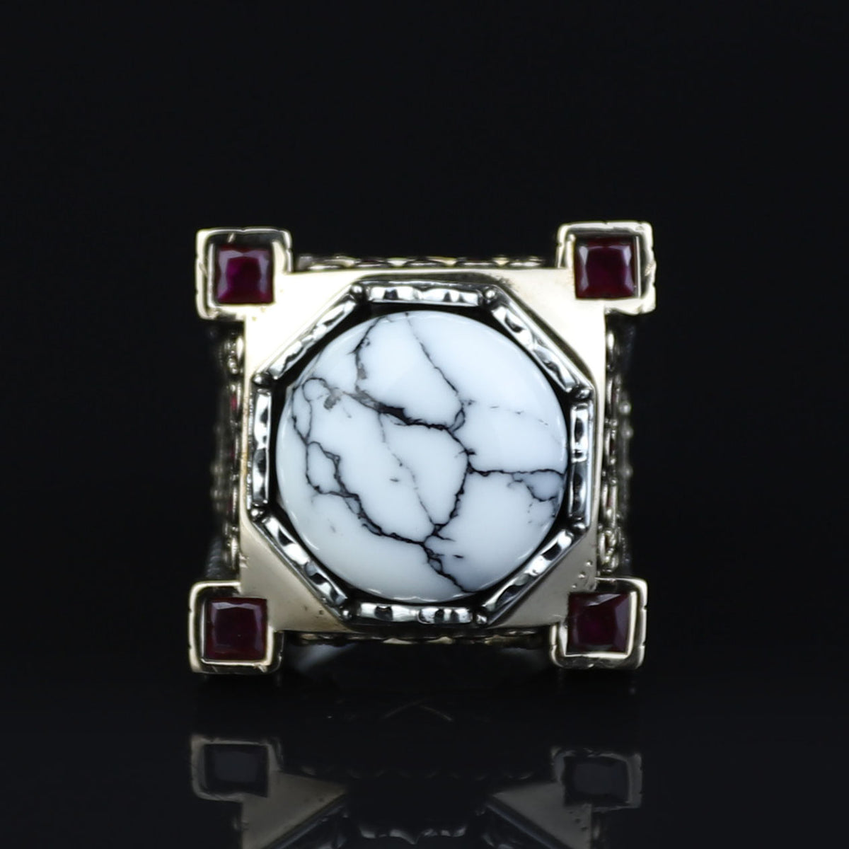 Mens Handmade White Turquoise Silver Ring, Axe Figured Ottoman Style Ruby Men Ring, Father Day Gift