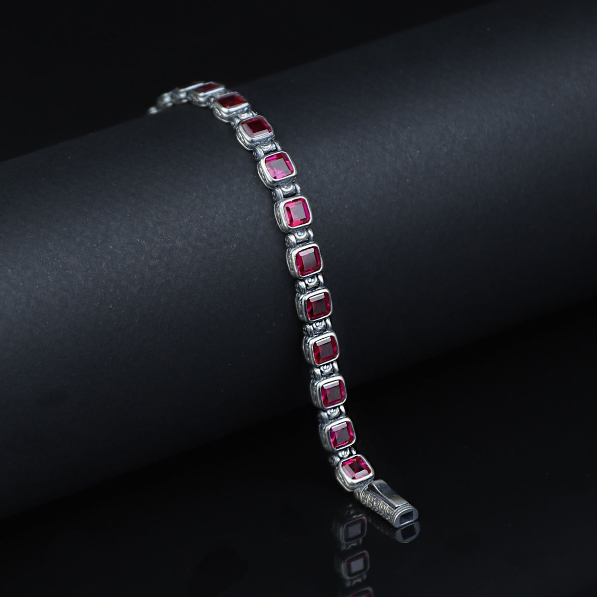 Men Silver Ruby Tennis Bracelet, Engraved Silver Red Stone Chain Bracelet, Mens Link Chain Bracelet, Silver Vintage Bracelet, 925 Silver