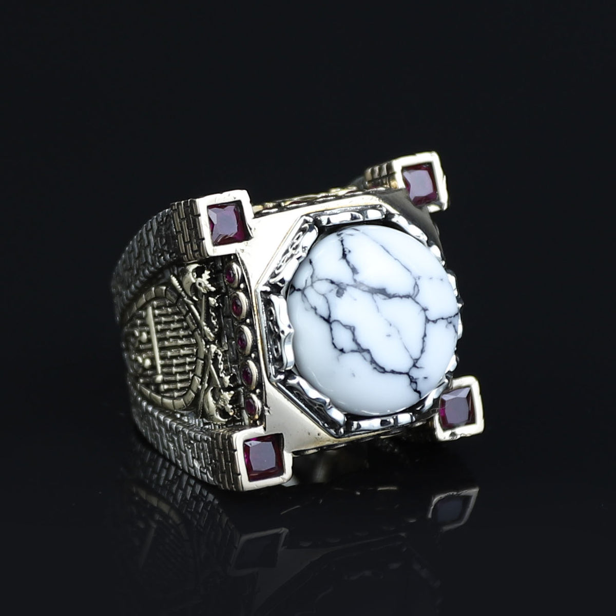Mens Handmade White Turquoise Silver Ring, Axe Figured Ottoman Style Ruby Men Ring, Father Day Gift