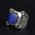 Men Blue Sapphire Stone Ring, Ottoman Style Sapphire and Ruby Ring, Axe Sword Men Ottoman Style Ring