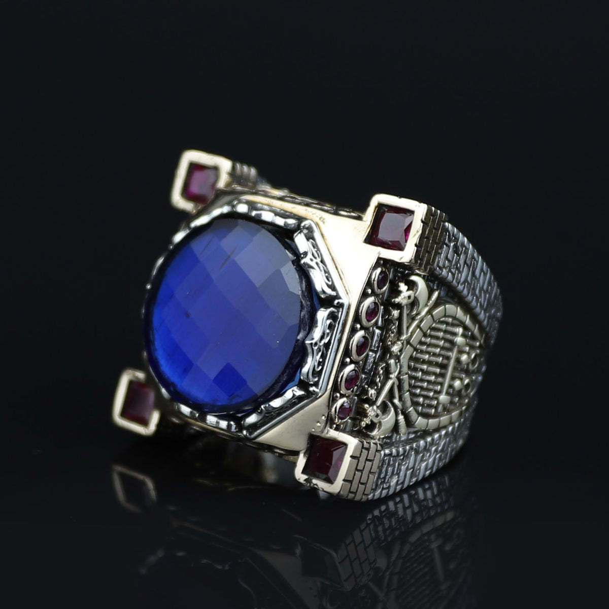 Men Blue Sapphire Stone Ring, Ottoman Style Sapphire and Ruby Ring, Axe Sword Men Ottoman Style Ring