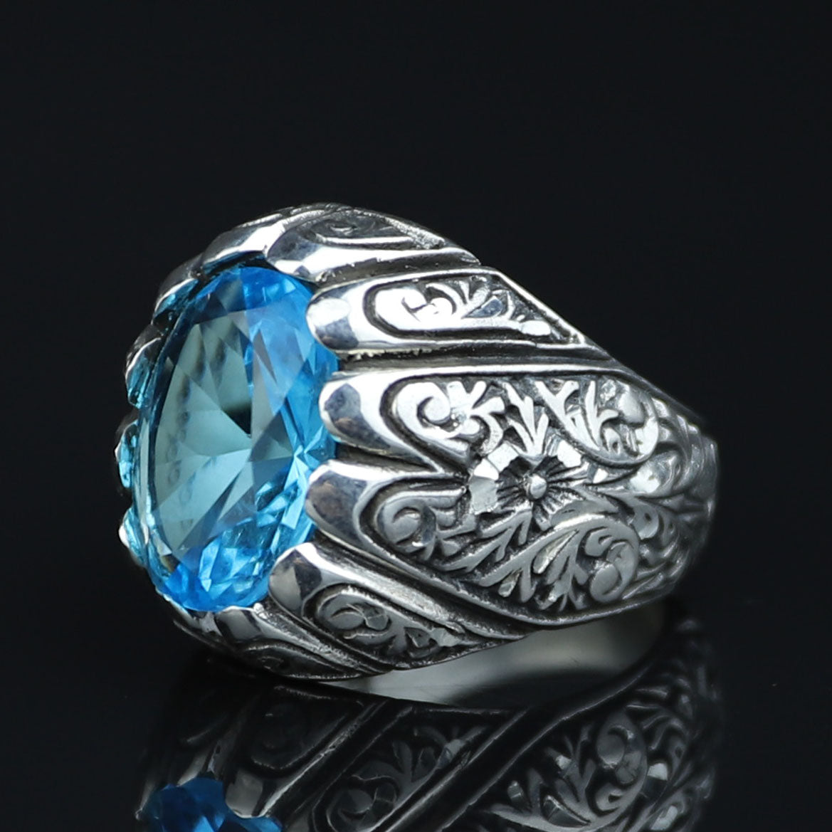 925 Sterling Silver Aquamarine Ring for Men – Vintage Ottoman Style