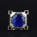 Men Blue Sapphire Stone Ring, Ottoman Style Sapphire and Ruby Ring, Axe Sword Men Ottoman Style Ring