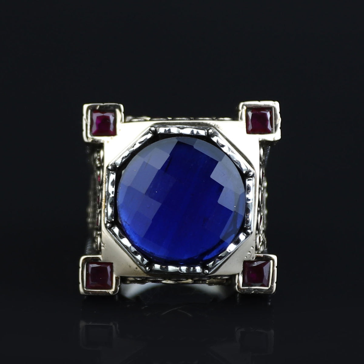 Men Blue Sapphire Stone Ring, Ottoman Style Sapphire and Ruby Ring, Axe Sword Men Ottoman Style Ring