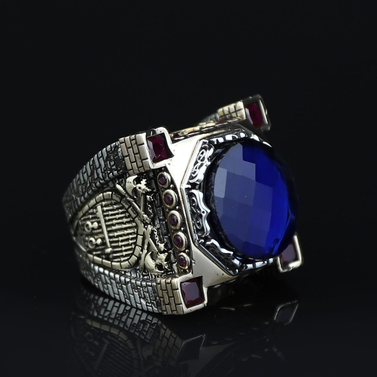 Men Blue Sapphire Stone Ring, Ottoman Style Sapphire and Ruby Ring, Axe Sword Men Ottoman Style Ring