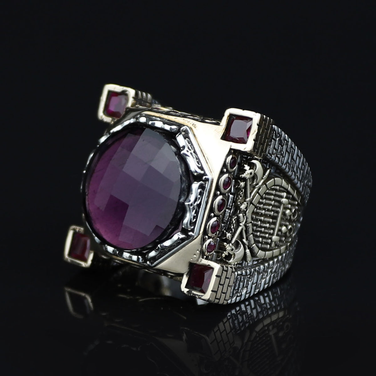 925 Sterling Silver Deep Amethyst Axe Ring, Turkish Sword Figured Ring, Handmade Dark Amethyst Ring, Large Statement Ring,Ottoman Style Ring