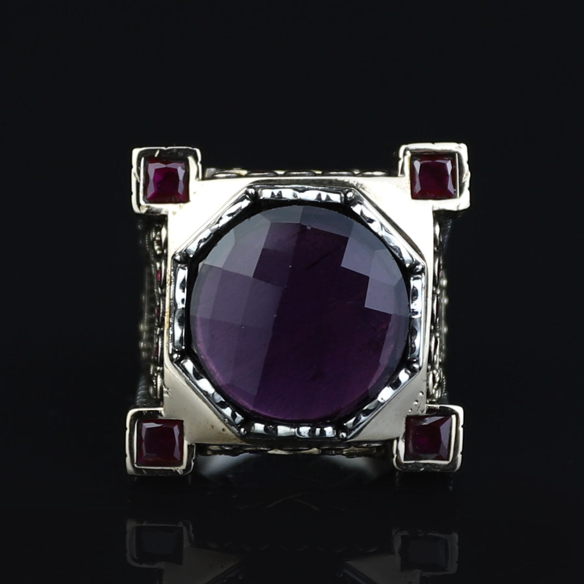 925 Sterling Silver Deep Amethyst Axe Ring, Turkish Sword Figured Ring, Handmade Dark Amethyst Ring, Large Statement Ring,Ottoman Style Ring