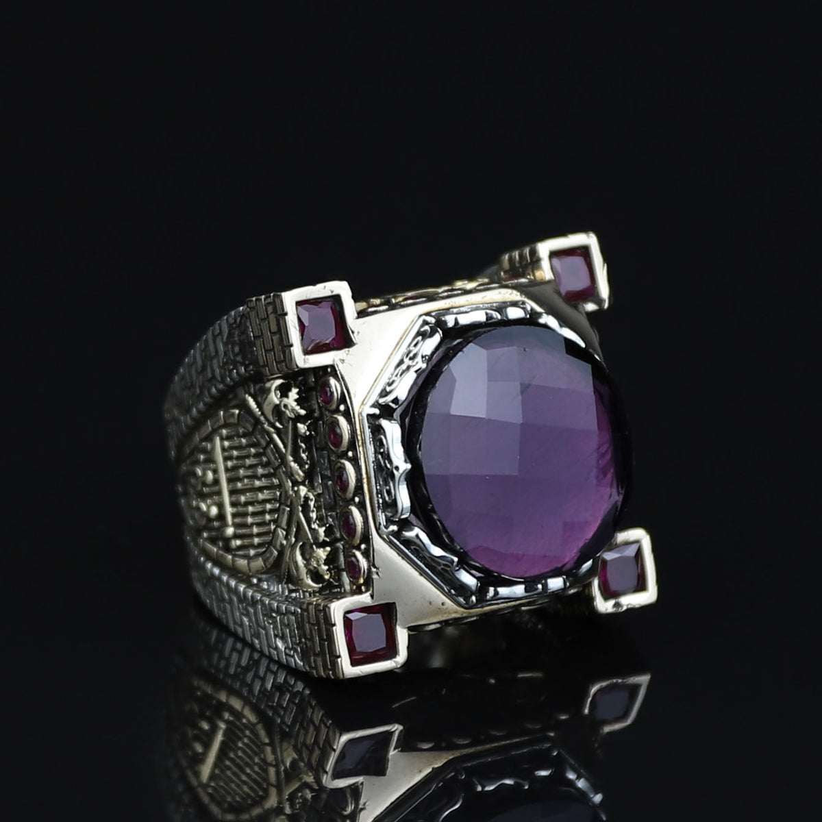 925 Sterling Silver Deep Amethyst Axe Ring, Turkish Sword Figured Ring, Handmade Dark Amethyst Ring, Large Statement Ring,Ottoman Style Ring