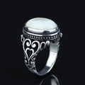 Mother Of Pearl Signet Ring, Men Engraved Oval Pearl Mens Ring, Silver Classic Mother Of Ring, Ottoman Style Men Ring