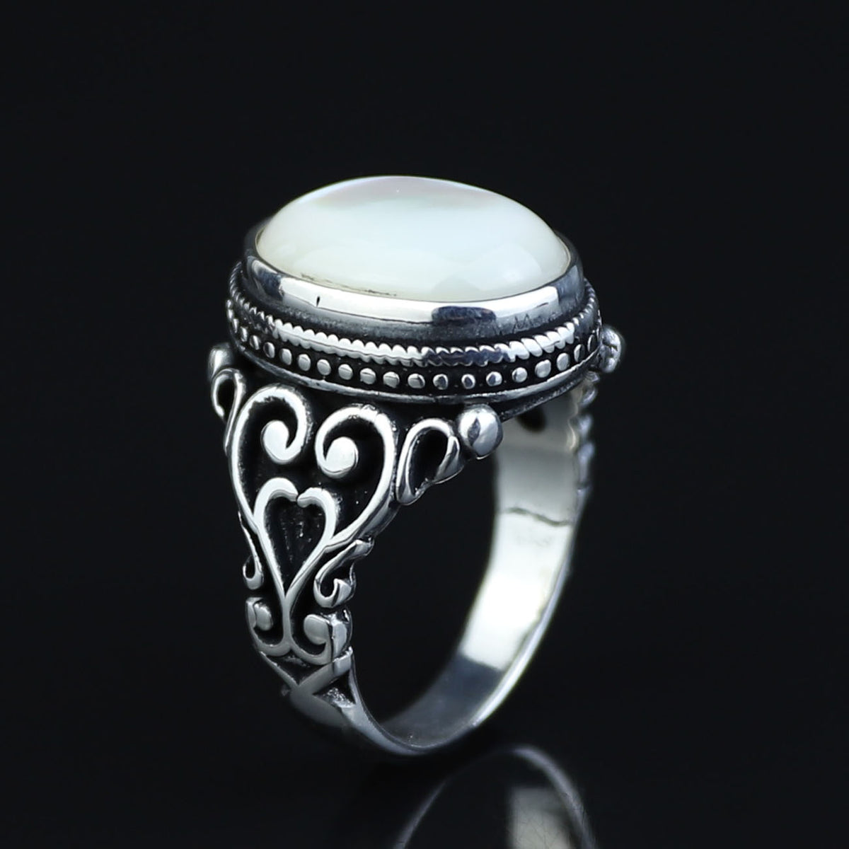 Mother Of Pearl Signet Ring, Men Engraved Oval Pearl Mens Ring, Silver Classic Mother Of Ring, Ottoman Style Men Ring