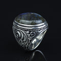 Men Silver Engraved Blue Tiger Eye Men Ring, Large Silver Men Ring, Father Gift, Handmade Silver Ring