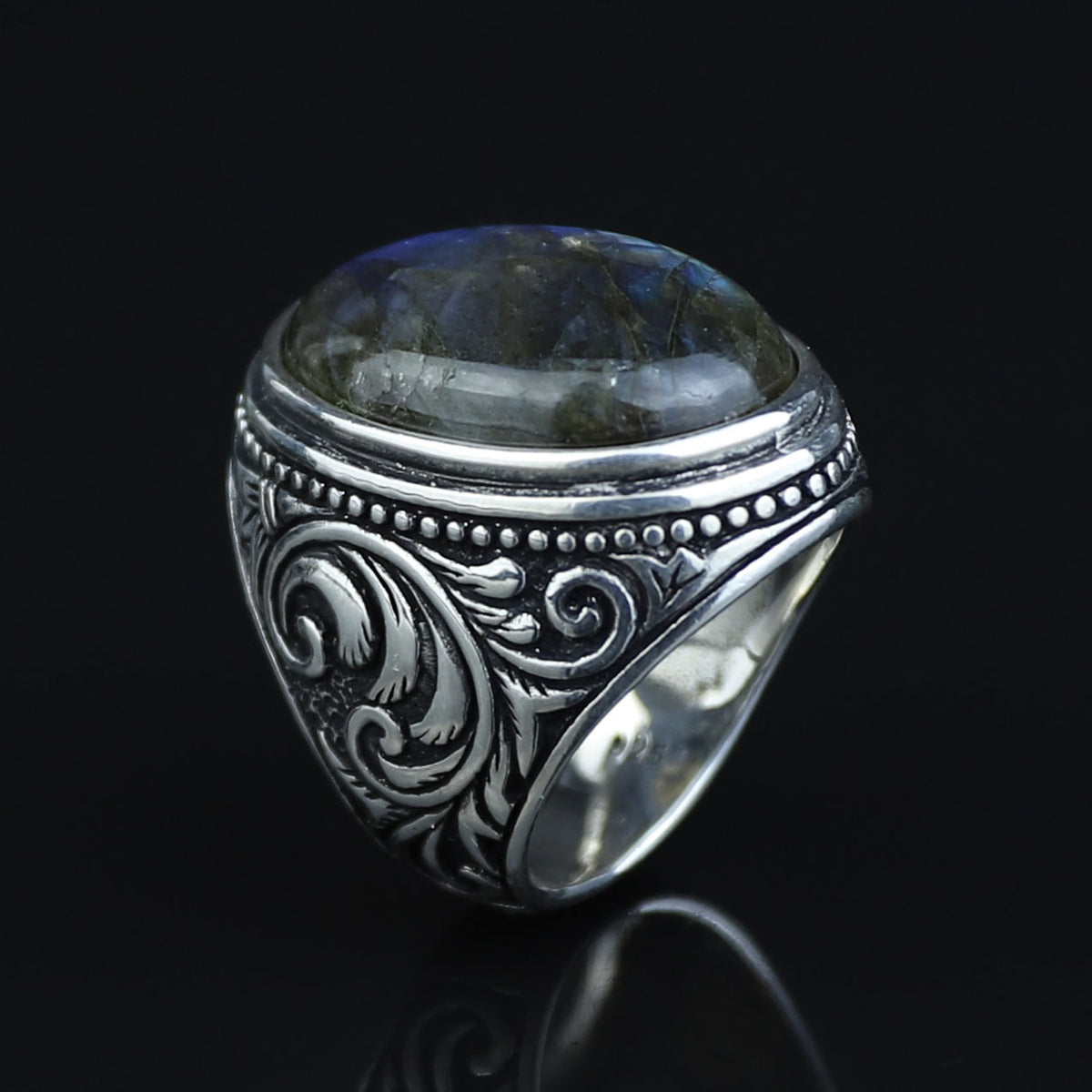 Men Silver Engraved Blue Tiger Eye Men Ring, Large Silver Men Ring, Father Gift, Handmade Silver Ring