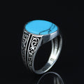 Men Silver Handmade Turquoise Ring, Oval Minimal Engraved Turquoise Ring, Turkish Handmade Ring, Natural Turquoise Ring