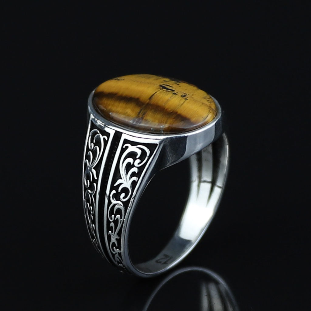 Silver Tiger Eye Gemstone Ring, Man Minimal Tiger Eye Ring, Ottoman Style Silver Ring, Men Tiger Eye Jewelry