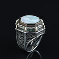 Silver Mother Of Pearl Signet Ring, Turkish Large Men Genuine Pearl Mens Ring, Silver Mother Of Pearl Ring