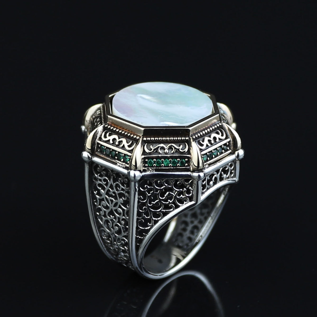Silver Mother Of Pearl Signet Ring, Turkish Large Men Genuine Pearl Mens Ring, Silver Mother Of Pearl Ring