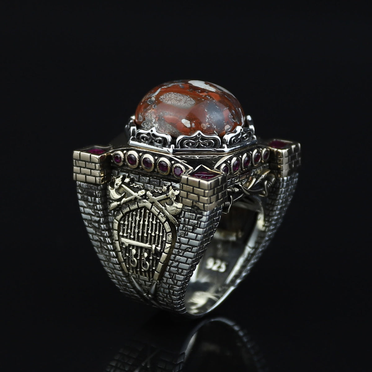 Handmade Turkish Men's Ring, Ottoman Style Axe Figured Red Agate Stone Ring, Sterling Silver Signet Ring