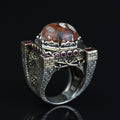 Handmade Turkish Men's Ring, Ottoman Style Axe Figured Red Agate Stone Ring, Sterling Silver Signet Ring