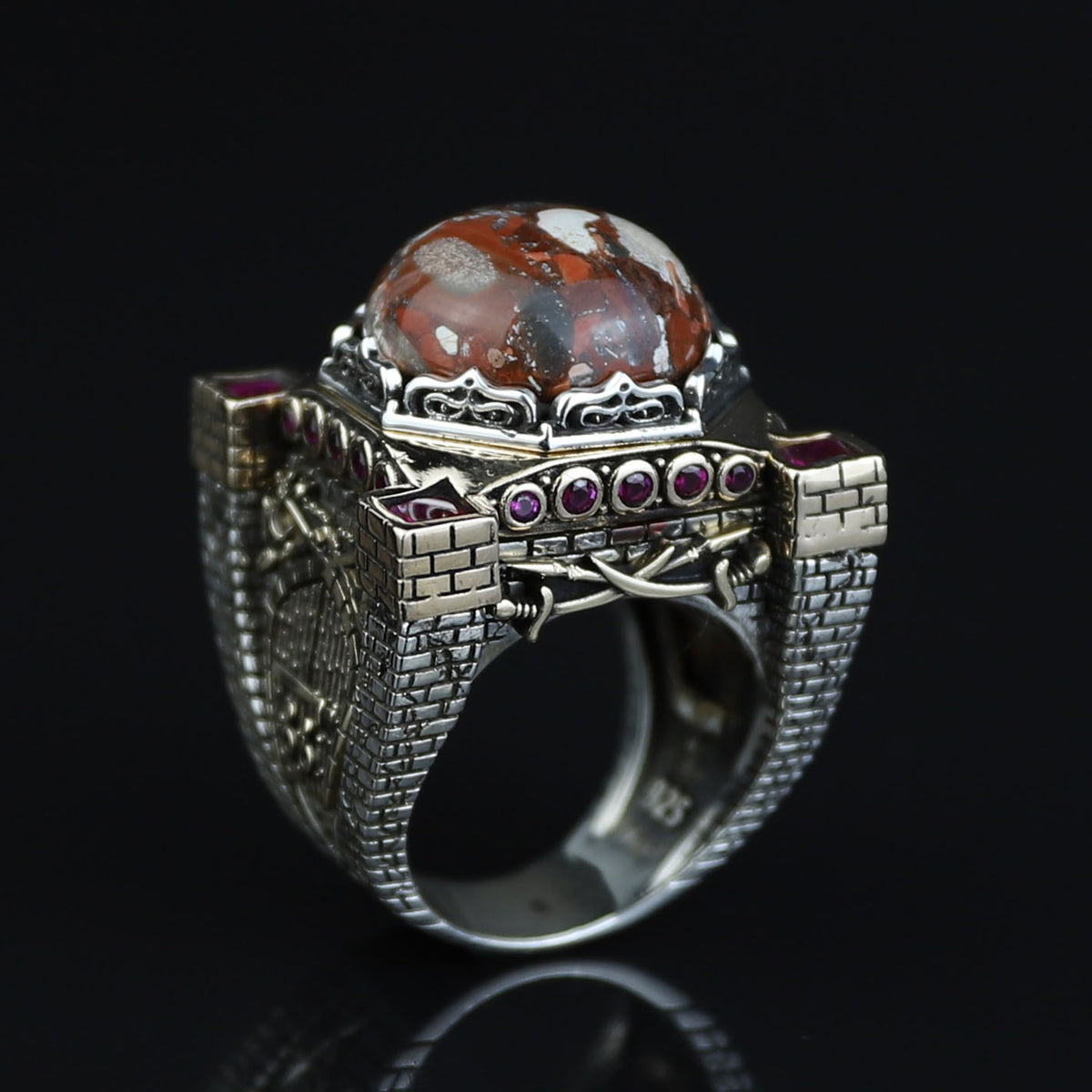 Handmade Turkish Men's Ring, Ottoman Style Axe Figured Red Agate Stone Ring, Sterling Silver Signet Ring