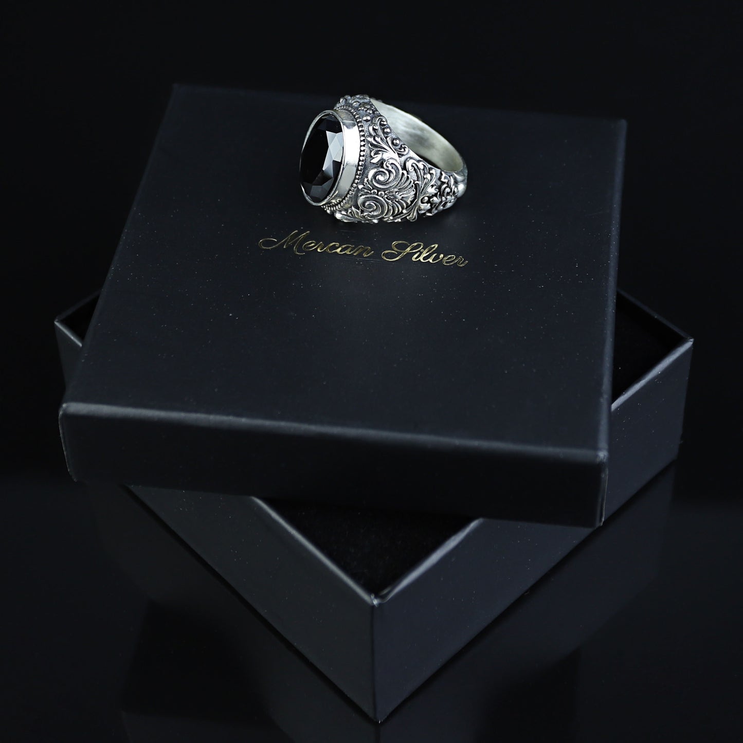 Men Silver Engraved Black Onyx Vintage Ring