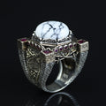 Mens Handmade White Turquoise Silver Ring, Axe Figured Ottoman Style Ruby Men Ring, Father Day Gift