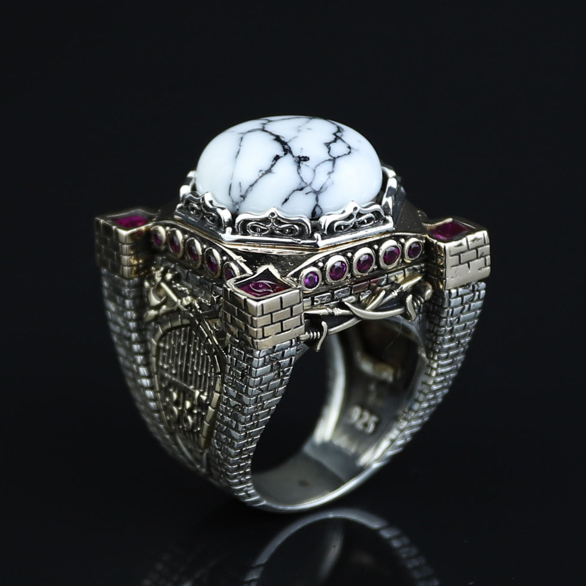 Mens Handmade White Turquoise Silver Ring, Axe Figured Ottoman Style Ruby Men Ring, Father Day Gift