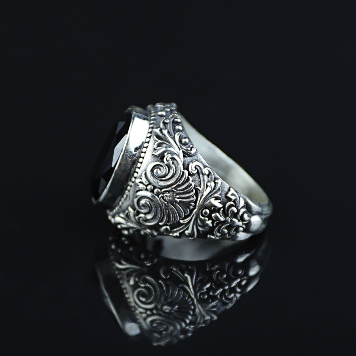 Men Silver Engraved Black Onyx Vintage Ring