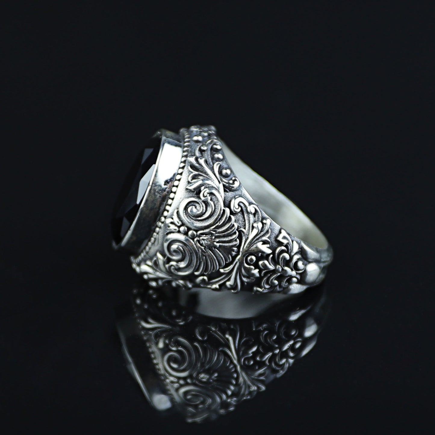 Men Silver Engraved Black Onyx Vintage Ring