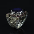 Men Blue Sapphire Stone Ring, Ottoman Style Sapphire and Ruby Ring, Axe Sword Men Ottoman Style Ring
