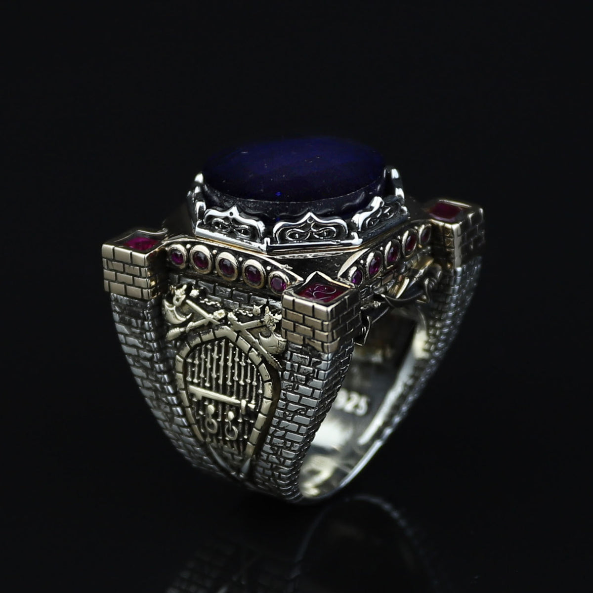 Men Blue Sapphire Stone Ring, Ottoman Style Sapphire and Ruby Ring, Axe Sword Men Ottoman Style Ring