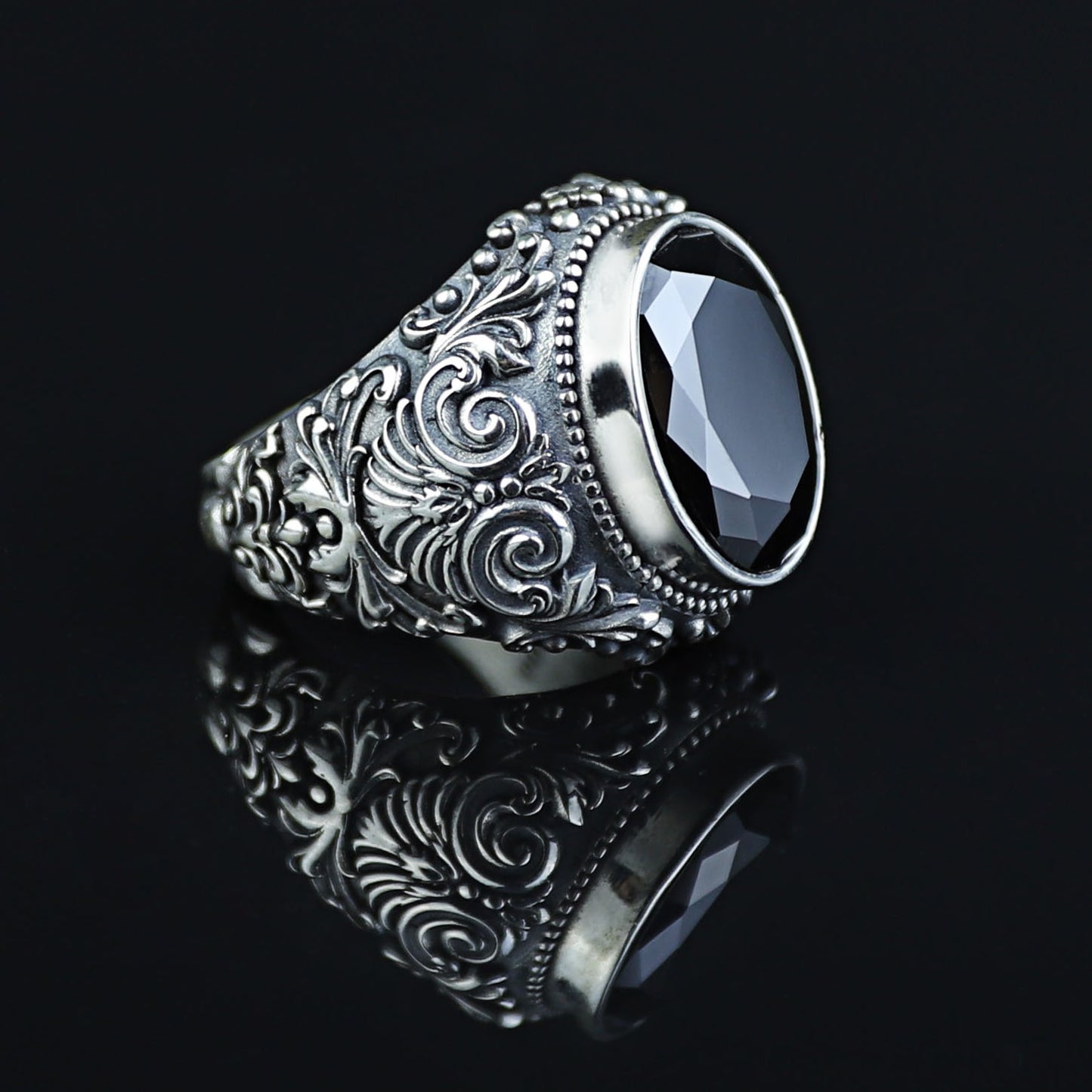Men Silver Engraved Black Onyx Vintage Ring