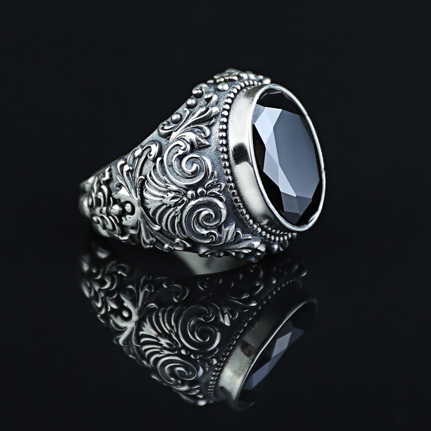 Men Silver Engraved Black Onyx Vintage Ring