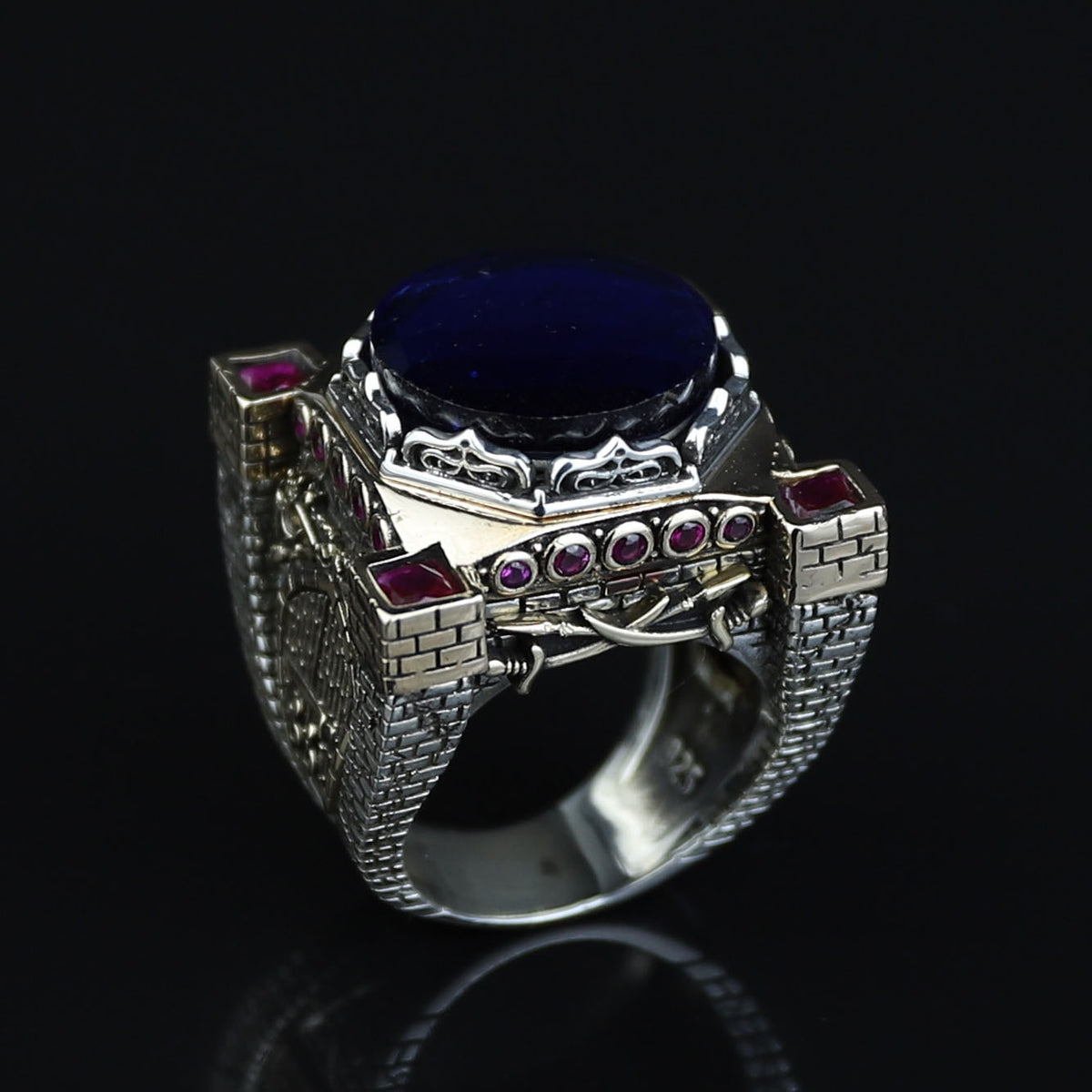 Men Blue Sapphire Stone Ring, Ottoman Style Sapphire and Ruby Ring, Axe Sword Men Ottoman Style Ring