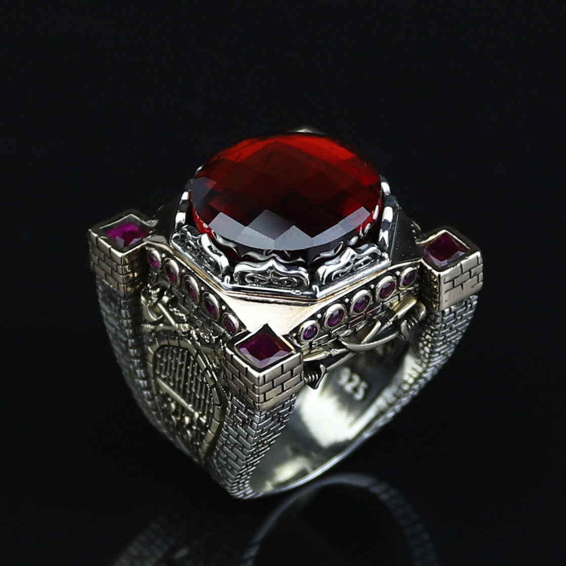Silver Sword Figured Garnet Ring, Axe Model Men Silver Red Gemstone Ruby Ring, Vintage Ruby Ring, Father Day Gift, Anniversary Gift