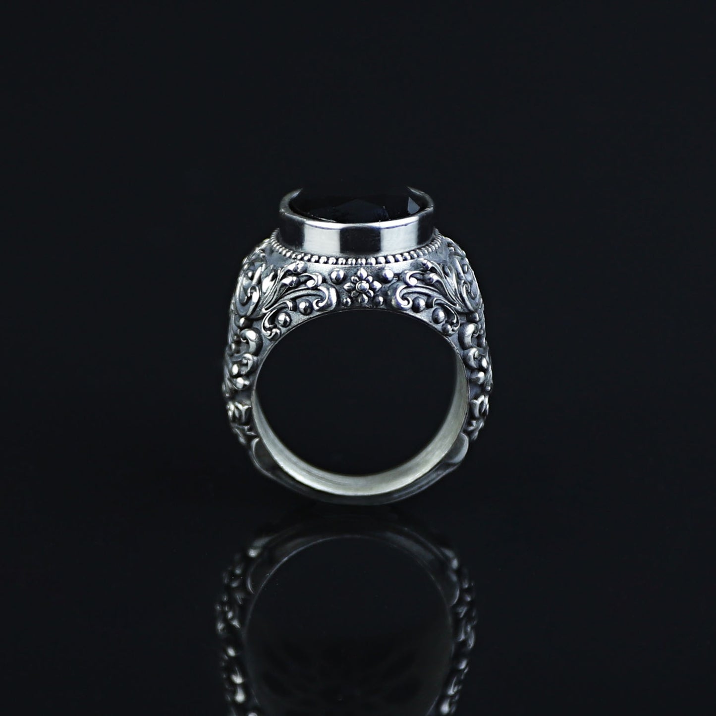 Men Silver Engraved Black Onyx Vintage Ring