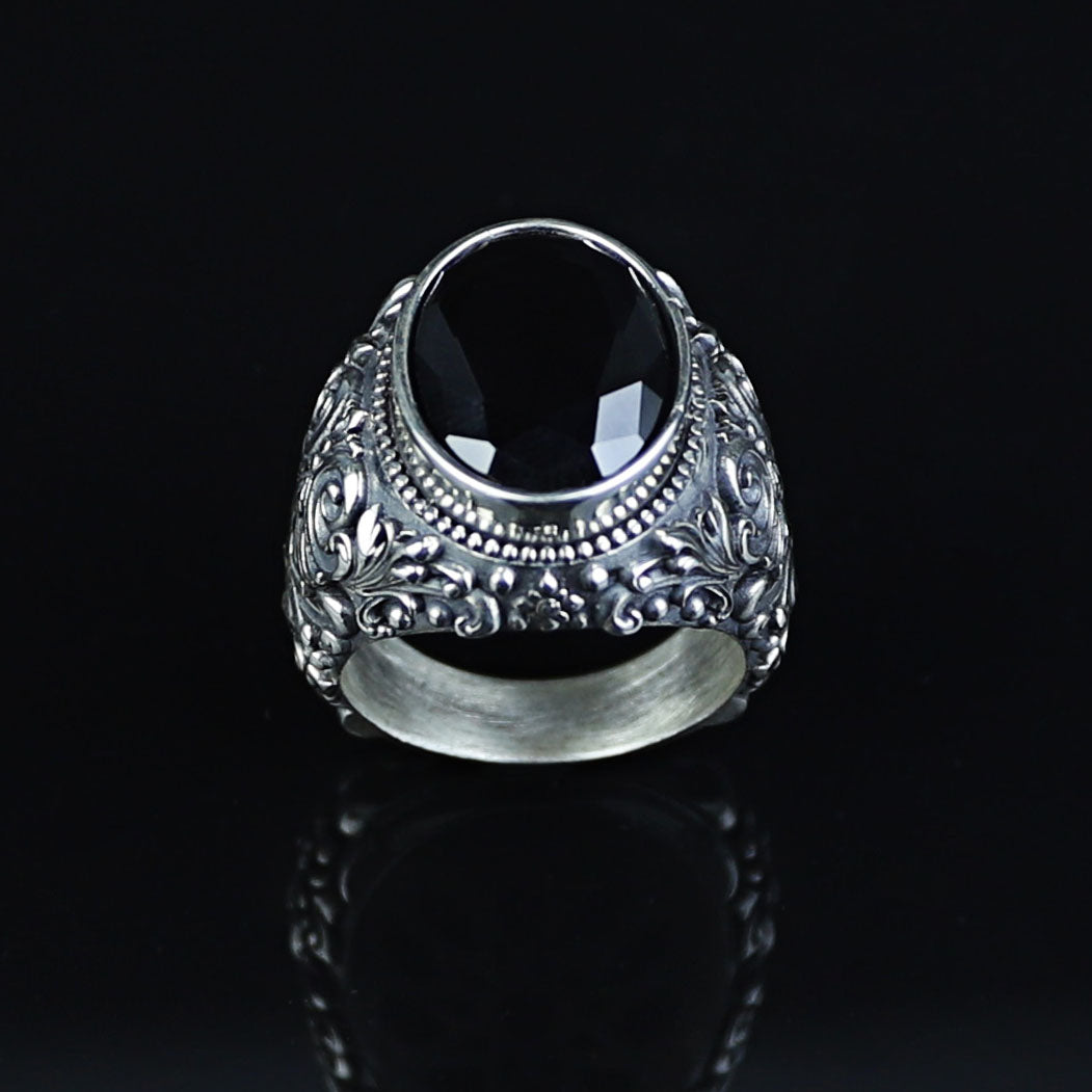 Men Silver Engraved Black Onyx Vintage Ring