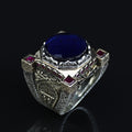 Men Blue Sapphire Stone Ring, Ottoman Style Sapphire and Ruby Ring, Axe Sword Men Ottoman Style Ring