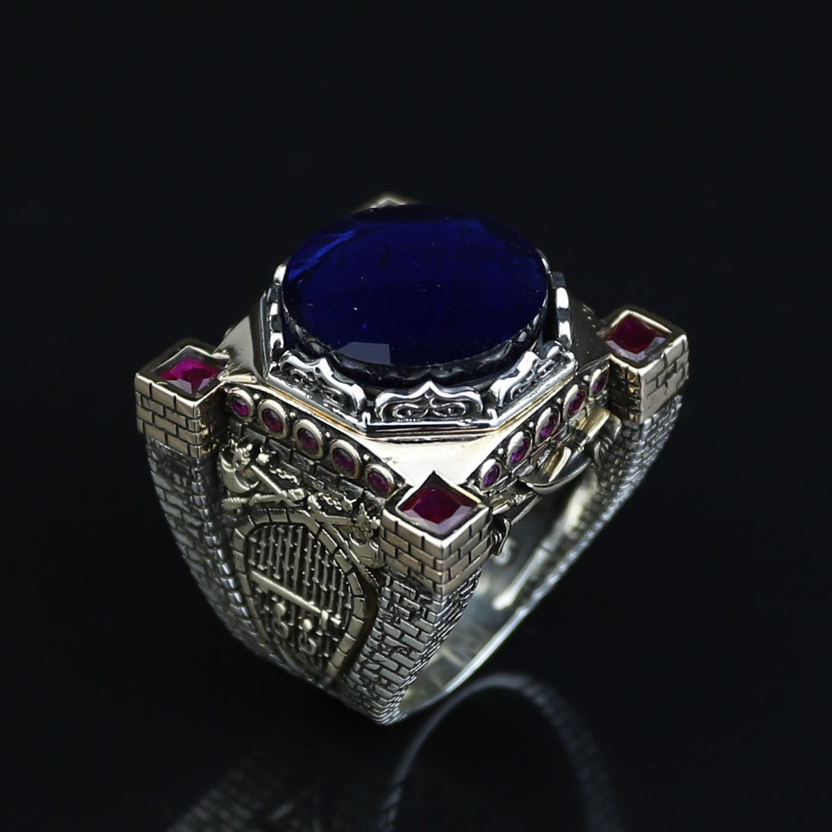 Men Blue Sapphire Stone Ring, Ottoman Style Sapphire and Ruby Ring, Axe Sword Men Ottoman Style Ring