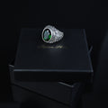 Men Silver Engraved Oval Emerald Gemstone Ring