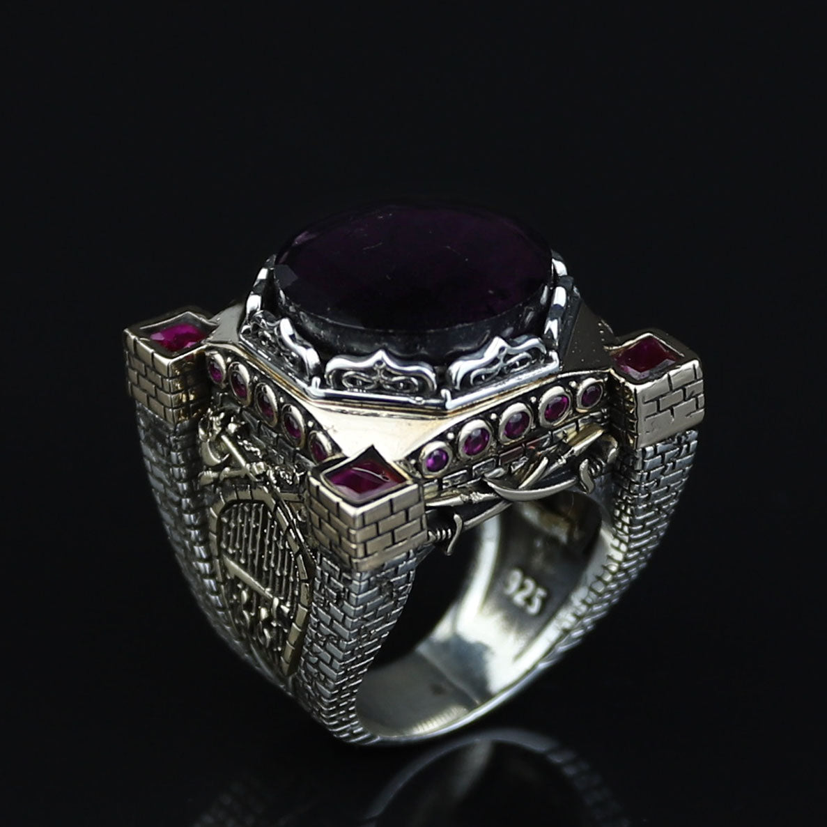 925 Sterling Silver Deep Amethyst Axe Ring, Turkish Sword Figured Ring, Handmade Dark Amethyst Ring, Large Statement Ring,Ottoman Style Ring