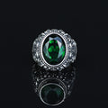 Men Silver Engraved Oval Emerald Gemstone Ring